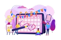 Illustratie van een grote kalender met evenementen, omringd door zakenmensen, grafieken en dollartekens, die planning en organisatie symboliseren. De toon is levendig en dynamisch.