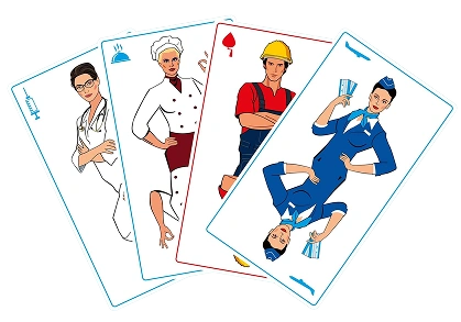 Vier speelkaarten tonen verschillende beroepen: een arts, een kok, een bouwvakker en een stewardess. Elk beroep wordt afgebeeld in levendige kleuren.