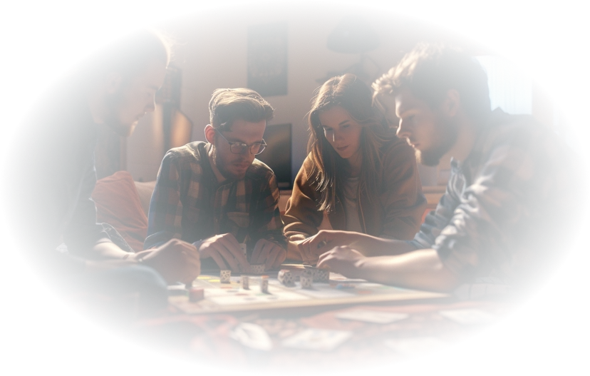 Vier vrienden zitten rond een bordspel in een gezellige kamer. Ze lijken geconcentreerd en betrokken, wat een ontspannen en plezierige sfeer suggereert.