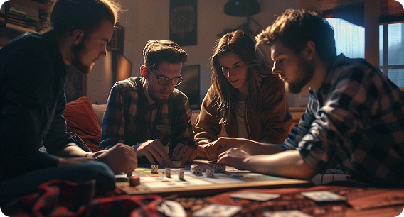 Vier vrienden spelen geconcentreerd en betrokken een bordspel in een gezellige kamer. Warme verlichting en informele kleding zorgen voor een ontspannen, intieme sfeer.