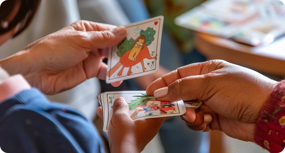 Close-up van mensen die een kaartspel spelen met kleurrijke, geïllustreerde kaarten. De scène voelt luchtig en interactief aan en bevordert een gevoel van verbondenheid.