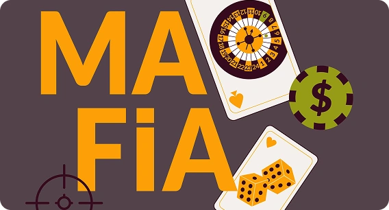 Vier mannen met fedora's en overjassen, gewapend, staan onder de tekst ‘MAFIA’. Speelkaarten, dobbelstenen en een roulettewiel zijn zichtbaar, wat een misdaadthema uitstraalt.