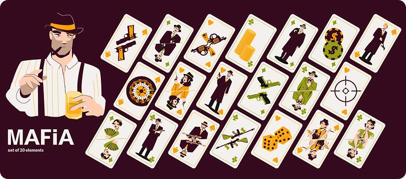 Illustratie van een stijlvolle man met een drankje in zijn hand en 20 speelkaarten met maffia-thema-afbeeldingen zoals pistolen, geld en dobbelstenen op een donkere achtergrond.
