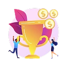 Illustratie van twee mensen die feestvieren naast een gigantische gouden trofee met bladeren. Drie zwevende munten met dollartekens geven een gevoel van prestatie weer.