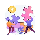 Twee abstracte figuren, één in oranje en één in paars, houden grote puzzelstukken in verschillende kleuren vast. Een geel gloeilampje staat symbool voor ideeën. De toon is samenwerkingsgericht.