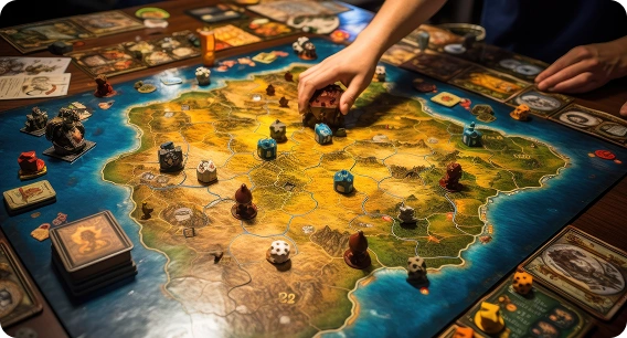 Een hand verplaatst een stuk op een gedetailleerde, kleurrijke bordspelkaart met dobbelstenen en fiches. De setting voelt boeiend en strategisch aan, met de nadruk op gameplay.